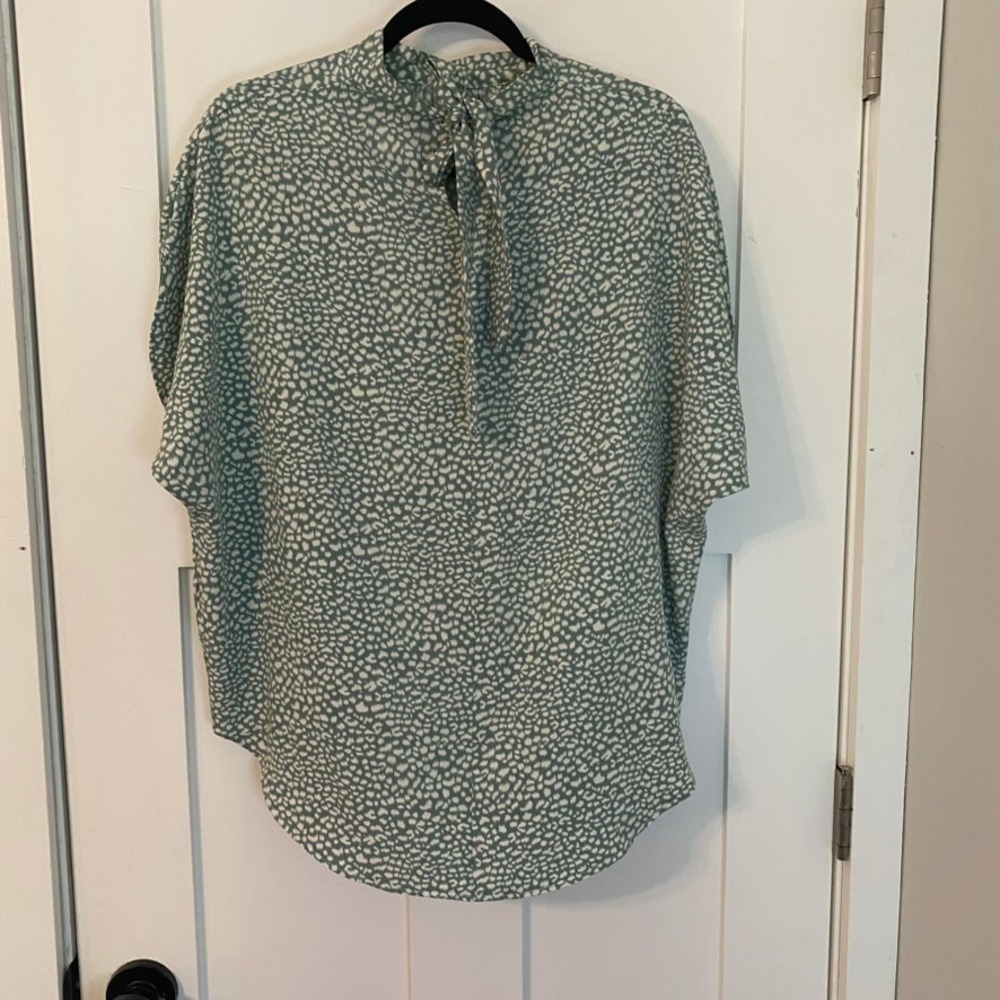 Sage Green Abstract Animal Print Tie Back Mock Neck Dolman Blouse